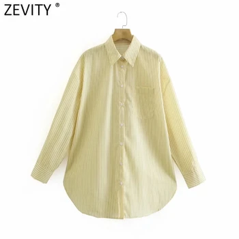 Zevity Mulheres do Vintage Único Bolso Listrado Amarelo Impressão Batas Soltas de Blusa Senhora do Escritório de Negócios Camisa Chique Blusas, Tops LS9030
