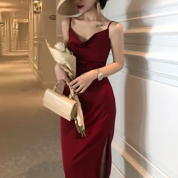 Vestido De Cetim Mulher Sem Mangas De Espaguete Fita Para O Casual Reta Vermelha Preta Primavera Verão 2021 Moda Francesa De Vestidos De Festa