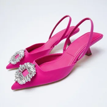 ZA Verão 2021 Novos Sapatos femininos de Rosa cor-de-Rosa de Casamento Sapatos de Cetim Exposto Documentário Sapatos