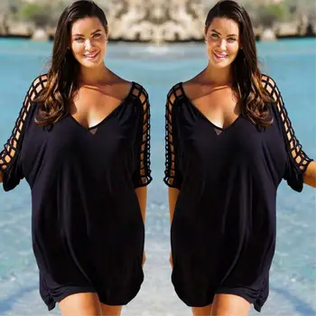 Preto Maiô Biquíni, roupa de Praia Praia de Verão Vestido de Mulher roupa de Banho Tampa Ups Cover-Up Sundress Plus Tamanho 3XL