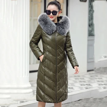 Real casacos de couro de pato quente Parkas casaco de inverno, moda de espessura quente para baixo jaqueta feminina longo pele de raposa com capuz para baixo do casaco F775