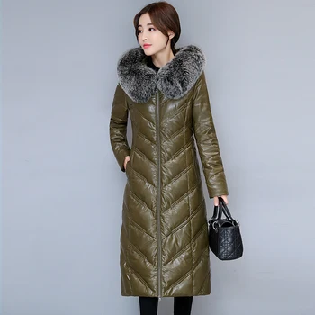 Real casacos de couro de pato quente Parkas casaco de inverno, moda de espessura quente para baixo jaqueta feminina longo pele de raposa com capuz para baixo do casaco F775