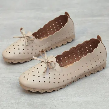 2021 Verão as Mulheres Laço Sapatos de Barco Feminino Antiderrapantes Plana Sapatos para Mulheres Oco de Trabalho, Sapatos de Senhoras de Preto Macio Sapatos de Couro