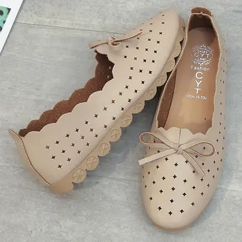2021 Verão as Mulheres Laço Sapatos de Barco Feminino Antiderrapantes Plana Sapatos para Mulheres Oco de Trabalho, Sapatos de Senhoras de Preto Macio Sapatos de Couro