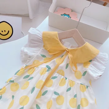 Princesa bonita de Verão Voar Manga Arco de Rendas Babados de Retalhos de Impressão do Joelho-comprimento de Vestidos de Criança Roupas de Bebê 3M-4Y
