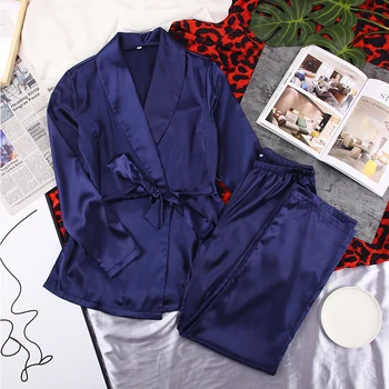 HECHAN Azul Browm Preto Feminino Pijamas de Cetim de Manga Longa, Roupão de banho 2 peças de Conjunto de Mulheres Com Vestes de Folhas Soltas Pijama com o Terno de