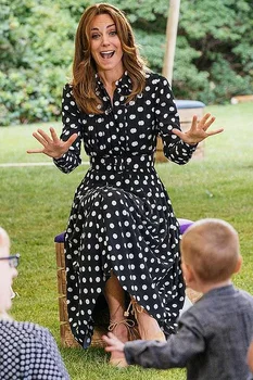 Kate Middleton de Alta Qualidade 2020 Outono Novo Estilo de Moda feminina Festa Casual Elegante Fidalga estampa de Bolinhas Vestido Midi