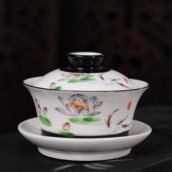 O estilo chinês de Chá Turee Gaiwan Vintage Cerâmicas pintadas à mão Teaware Define pintados à Mão em porcelana Kung Fu Conjunto de Chá Tigela