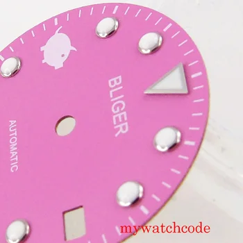 Bliger 28,5 mm cor-de-Rosa Mostrador do Relógio Peças Para NH35A Movimento Automático Luminosos de Marcas Com Janela de Data