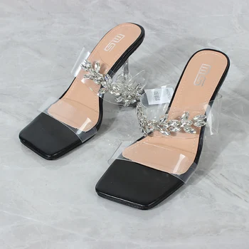 Sapatos femininos 2021 verão PVC palavra alça de moda da flor de cristal de alta sandálias de salto stiletto confortável festa chinelos de quarto 7,5 CM