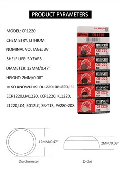 100 peças originais Para maxell cr1220 3v bateria de botão DL1220 BR1220 ECR1220 LM1220 KCR1220 KL1220 para brinquedos de controle remoto