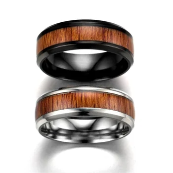 Homens Anéis de Aço Inoxidável, Madeira Grão de 8mm Preto/Prata Cor das Mulheres da forma de Anéis Masculinos Jóias Presentes DIY Simples Acessórios