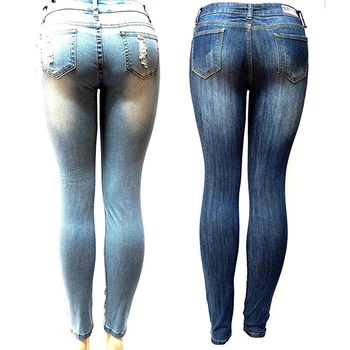 Cintura Alta Jeans Para Mulheres Rasgado Buraco Trecho De Jean Comprimento Total Lápis Calças Calças Skinny Stretch Denim Jeans Feminino