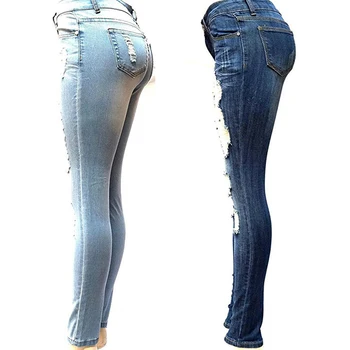 Cintura Alta Jeans Para Mulheres Rasgado Buraco Trecho De Jean Comprimento Total Lápis Calças Calças Skinny Stretch Denim Jeans Feminino
