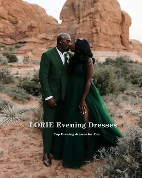 LORIE Verde Esmeralda Vestidos de Baile de Tule Uma Linha de Tempo Pregas do Lado de Divisão Africana Noite de Casamento Vestido de Festa para Formatura 2021