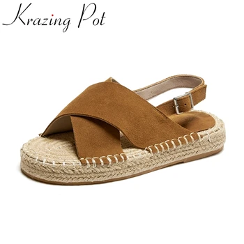 Krazing Pote 2021 de couro genuíno de verão, sapatos de palha med saltos de design Europeu televisão plataforma alça traseira sólida mulheres sandálias L03