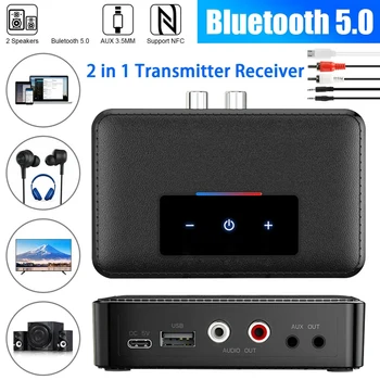 Bluetooth 5.0 Transmissor Receptor sem Fio de 3,5 mm AUX NFC para 2 RCA de Áudio Adaptador para Carro com TV Tereo Sistema