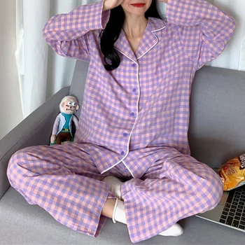 Puimentiua Mulheres Pijama Primavera Do Pijama Conjuntos De Pijamas Xadrez Homewear Terno Com Bolso Manga Longa, Botão Do Pijama Pijama De Bolinhas