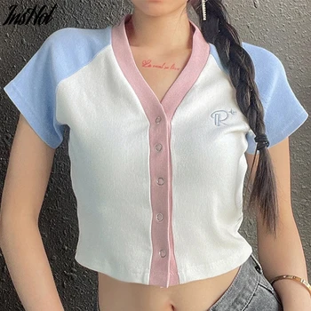 Mulheres Sexy Bordado com decote em V Manga Curta T-shirt Clubwear Botões Bodycon Patchwork Crop Tops de Verão Outwear Camiseta Femme