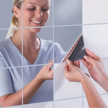 16Pcs Moda Quadrados de Espelho Adesivo de Parede Impermeável Auto-adesivo Espelhos de Superfície TV pano de Fundo de Cozinha, casa de Banho Decorar HFD889