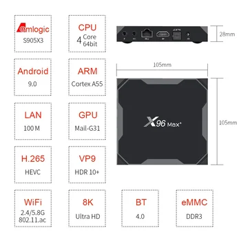 Smart TV Caixa de X96 MAX Plus 4GB de 64GB Android 9 Amlogic S905X3 Quad Core Dupla, Wifi, BT H. 265 8K 24fps Apoio Youtube X96Max Plus