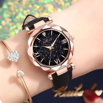 Mulheres Relógio de cristal de rocha Romântico Céu Estrelado relógio de Pulso de Moda para Senhoras Relógio de Couro Relógio para Mulheres Relógio Feminino Montre Femme