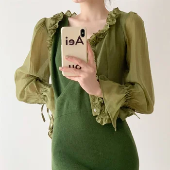 Doce Francês Vintage Elegante Blusas Mulheres De Tiras Verde Designer Coreano De Moda De Camisas De Praia Casual Boho Roupas De Verão 2021