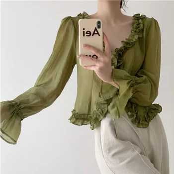 Doce Francês Vintage Elegante Blusas Mulheres De Tiras Verde Designer Coreano De Moda De Camisas De Praia Casual Boho Roupas De Verão 2021