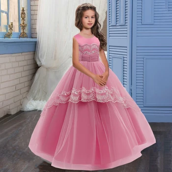 2021 Longo Lace Girl Vestidos para Festa de Casamento de Crianças Vestido de Criança Roupas de Dama de honra Flor Menina Vestido de Noite Traje de 10 A 12 Anos