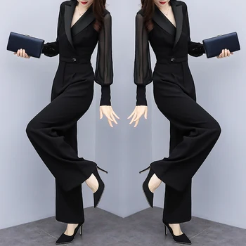 Mulheres de cintura alta chiffon macacão preto de manga longa slim emagrecimento wide leg macacão de terno calças femininas Peça Peplum Macaquinho