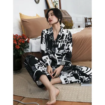 Maison Gabrielle Abstrato Preto e Branco Impresso em Cetim de Seda Pijama Conjunto de Loungewear Pijamas para Mulheres 2Pcs de Manga Longa Moderno