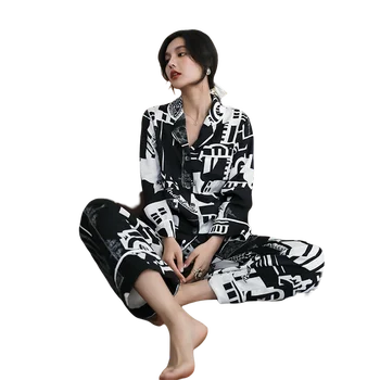 Maison Gabrielle Abstrato Preto e Branco Impresso em Cetim de Seda Pijama Conjunto de Loungewear Pijamas para Mulheres 2Pcs de Manga Longa Moderno