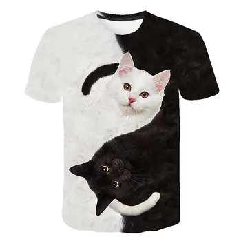 Verão de Mulheres/Homens Animal T-Shirt de Impressão 3D, Dois Gatos de Manga Curta Tops Tees Adolescente Tee Gráfico Bonito Camisa Presentes Engraçados