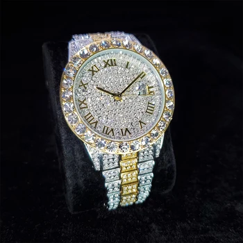 MiSSFOX Relógios de Pulso de Luxo Para o Homem de Ouro E Prata Homens Rodada do Relógio de Aço Inoxidável de Grande Diamnd Moldura dos Homens Relógios de Quartzo