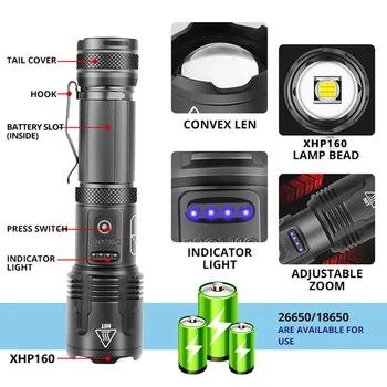 Ultra Brilhante XHP160 9 NÚCLEO Lanterna elétrica do DIODO emissor de 5000mAH USB Recarregável Zoom led 5Modes Tactial Lanterna Tocha 18650/26650 Bateria