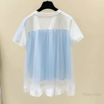 Mulher T-Shirt Nova Correspondência de Cores de Malha Plissada de Costura Casual Manga Curta Camiseta Feminina Roupas 2021 Verão Senhora Tees