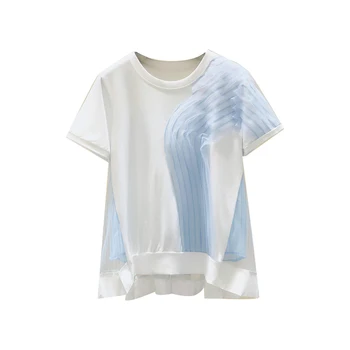 Mulher T-Shirt Nova Correspondência de Cores de Malha Plissada de Costura Casual Manga Curta Camiseta Feminina Roupas 2021 Verão Senhora Tees