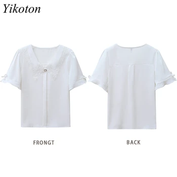 Yikoton Verão Casual Novo 2021 Mulheres Blusa de Chiffon Branco Camisa de Moda Gola Peter pan Botão Senhoras Tamanho Plus Azul Blusas