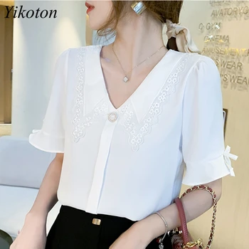 Yikoton Verão Casual Novo 2021 Mulheres Blusa de Chiffon Branco Camisa de Moda Gola Peter pan Botão Senhoras Tamanho Plus Azul Blusas