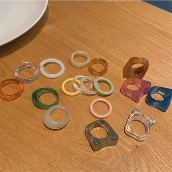 AOMU 1SET Bonito Coreia Vintage Resina Transparente Anéis Coloridos Chique Acrílico Colorido Rodada Geométricas Conjunto de anéis para as Mulheres de Jóias