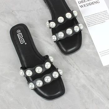 Sapatos femininos 2021 Europeu e Americano, estilo novo linha com pérola decoração de moda, conforto tendência chinelo de fundo plano