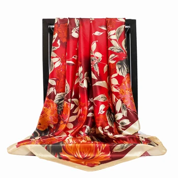 Marca de luxo de Praça Xale de Moda de estilo Chinês, lenço de mulheres do sexo Feminino 90*90 cm Vermelho de Cetim de Seda, Lenços de Cabeça Lenços de foulard bandana