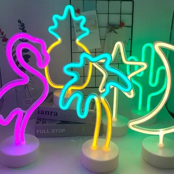 USB Sinal de Néon do DIODO de Luz Flamingo Unicórnio Estrelas, Lua Cacto Forma Lâmpada Decoração de uma Festa em Casa de Mesa, a Luz da Noite Decoração Presentes Crianças