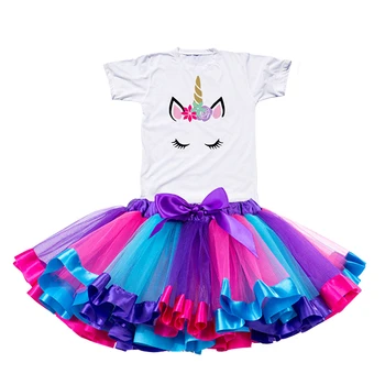 Verão Saia Tutu + Unicórnio T-shirts Mini Pettiskirt Princesa com Roupas de Meninas de Saias Festa de Aniversário de Roupas arco-íris Saias de Tule