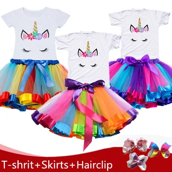 Verão Saia Tutu + Unicórnio T-shirts Mini Pettiskirt Princesa com Roupas de Meninas de Saias Festa de Aniversário de Roupas arco-íris Saias de Tule
