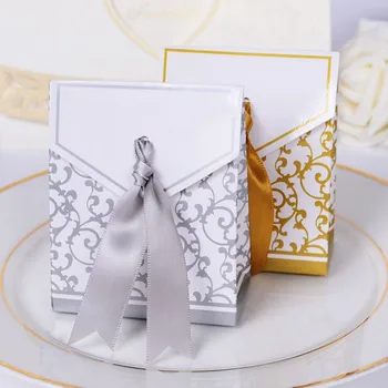 10Pcs/lot Ouro Prata Doces, Caixa de Papel Com Fita de Sacos de Presente de Casamento Favores de Açúcar no Caso da Festa de Aniversário de Decoração Mariage Casamento