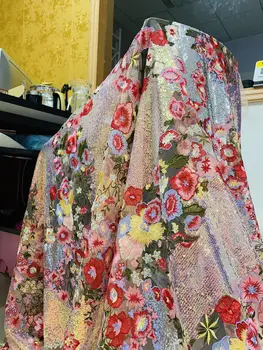 Multicolor lantejoulas pesada malha bordado laço de tecido para o vestido de