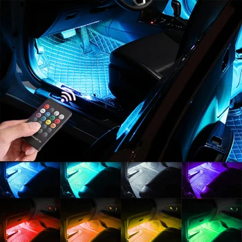 LED Carro Pé de Luz Ambiente Lâmpada Com USB Remoto sem Fio Controle de Música de Vários Modos de Carro do DIODO emissor de luz RGB Atmosfera Interior Tira Ligh