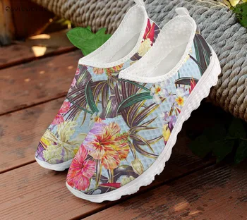 ELVISWORDS Mulheres de Verão de Malha Sapatilha de Moda, Flores Impresso Televisão de sapatos para Senhoras Deslizamento Casuais Sapatos de Sapatos de Calçado de Praia