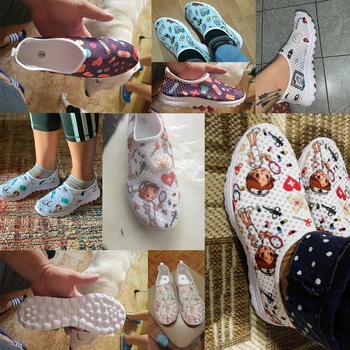 ELVISWORDS Mulheres de Verão de Malha Sapatilha de Moda, Flores Impresso Televisão de sapatos para Senhoras Deslizamento Casuais Sapatos de Sapatos de Calçado de Praia